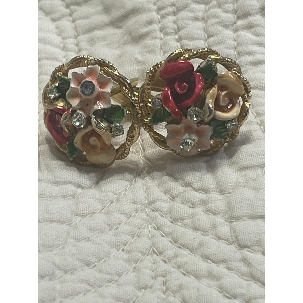 VTG Women's  Cufflinks BsK My Fair Lady Floral Enamel Rhinestone Gold Finish